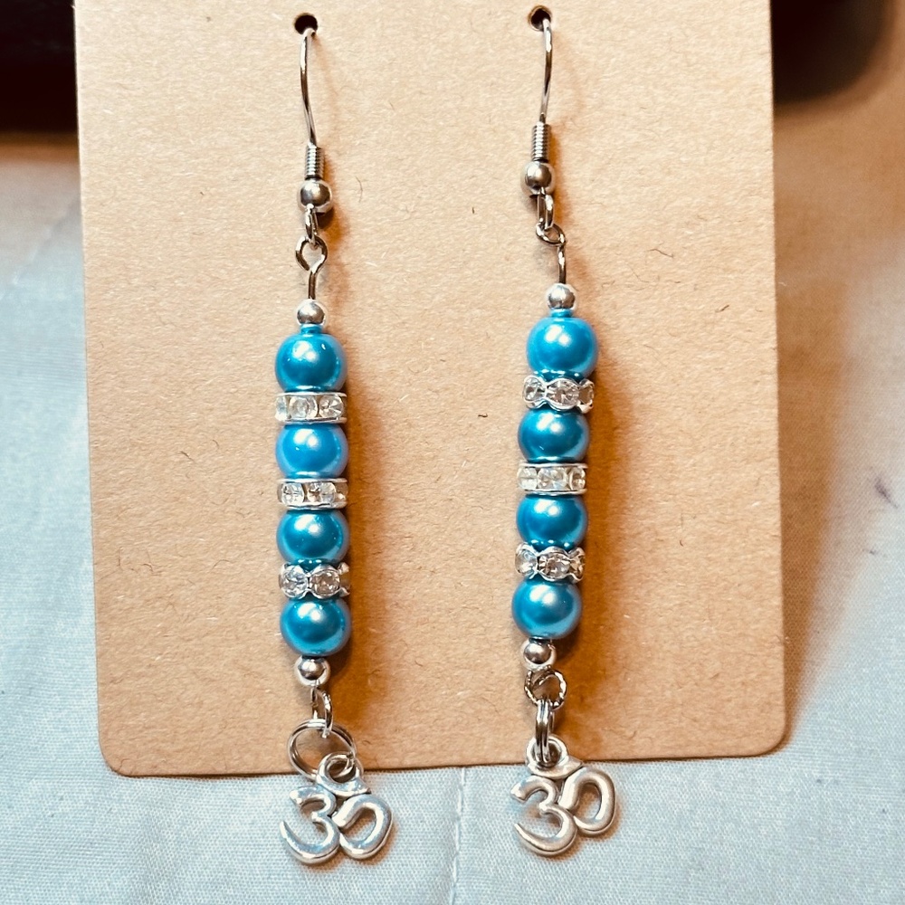 Silver Tone Dangle Earrings Blue Beads Crystal Rondelle’s w/Om Charms Hand Made